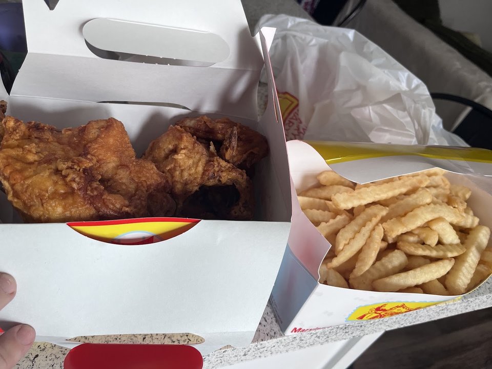 Counter service at a fried chicken restaurant.